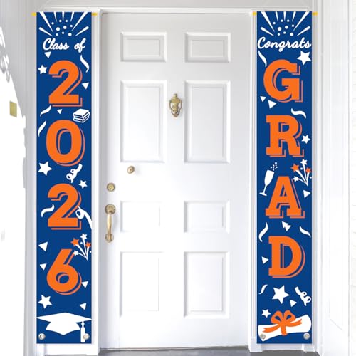 Image of Graduation Porch Banner Class Sign Congrats Grad Hanging Flags High School College University Party Decoration For Front Door Outdoor Blue Orange