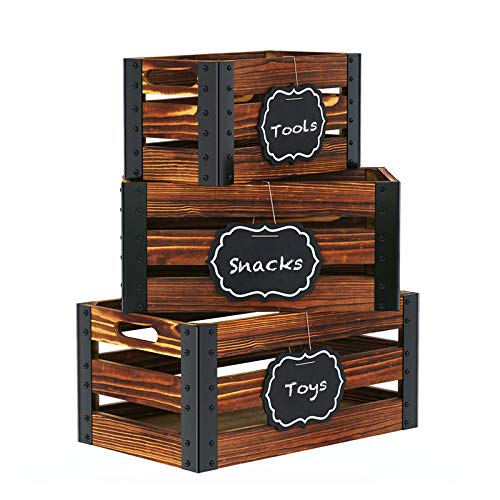 Greenstell Storage Crates, Wooden Nesting Crates with Handles & Hanging Chalkboard Decorative Display Wall Mounted Rustic Accent Crate Box for Party, Office, Bedroom, Kitchen, Closet Set of 3 Brown