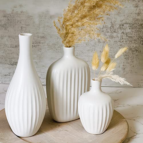 Textured Ceramic Minimalist White Vases (Set of 3) - Boho Vases for Pampas Grass Eucalyptus, Dry Flowers & Plants - Image 2