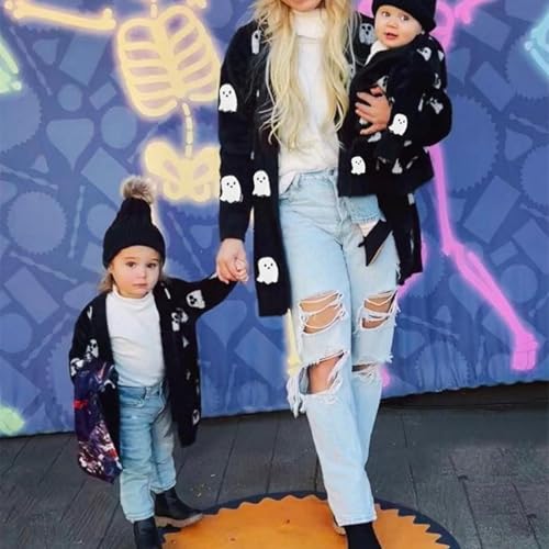 Mommy and Me Halloween Cardigan Pumpkin Embroidery Long Sleeve Open Front Knit Sweater Family Matching Outfits3