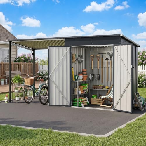 Image of Polar Aurora 12x4 FT Outdoor Storage Shed & Hardtop Gazebo Combo, 6x4 FT Small Metal Shed with Open-Sided Pergola, 2-in-1 Weatherproof Lean to Garden Tool Shed