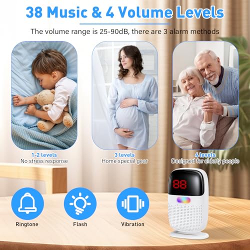 Pakinui Notrufknopf für Senioren, Notruf Armband mit Digitalanzeige, Kabellos Hausnotruf Senioren USB-Aufladung, Tragbares Notfallknopf für Senioren mit 38 Klingeltöne, 2 Sender 1 Empfänger