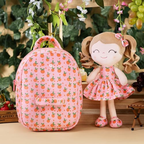 Image of Gloveleya Toddler Backpack Baby Girl Gifts Curly Hair Plush Figures Dress Backpack Kids Backpack Curly Hair Spring Girl Fruit Section-Orange 9inches