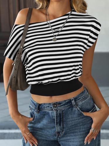 Image of SOFIA'S CHOICE One Shoulder Striped Shirt Women Crop Top Dolman Short Sleeve Asymmetrical Cinched Waist Tops Black White Large