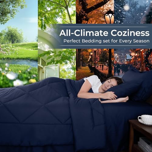 HEVUMYI Navy Blue King Comforter Set - 7-Piece All Season Bed in a Bag King, Ultra Soft Bedding Set with Comforter, Flat Sheet, Fitted Sheet, Pillowcases, Pillow Shams, Navy Blue