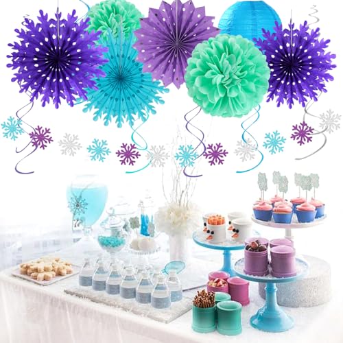 Image of Winter-Wonderland Christmas-Snowflake Frozen Birthday Party-Decorations - 21pcs Happy Banner,Blue Purple Teal Paper Lanterns Honeycomb Streamers,Tissue Pom Poms Flower Fan,Hanging Decor Huglony