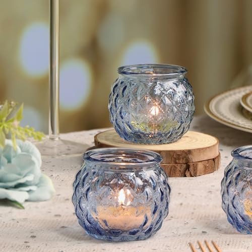 DARJEN Blaue Votivkerzenhalter, Set mit 24 runden Glaskerzenhaltern, Großpackung für Teelichter, Diamant-Textur-Kerzen, Votivkerzen für Hochzeit, Party und Heimdekoration