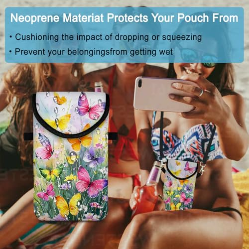 Image of Neoprene Cell Phone Sleeve Pouch Case Bag with Crossbody Strap Neck Lanyard for Women 7.5 X 4.3 in Flower Butterfly