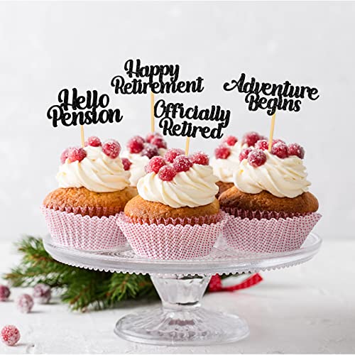 48 Pieces Happy Retirement Cupcake Toppers, Officially Retired Hello Pension Adventure Begins Cupake Picks for Farewell Party Supplies Decor(Black)