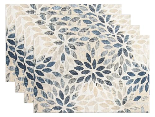 Navy Blue Placemats Set of 4 Summer Modern Elegant Geometric Flower Linen Table Place Mat Non-Slip Heat Resistant Place Mats for Home Kitchen Dining Table, 12
