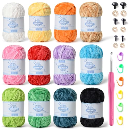 Image of 12 Pack 590 yds Chunky Chenille Yarn for Crocheting and Hand Knitting with Black Red White Green Orange Blue Plush Velvet Yarn，Baby Blanket Yarn for Crocheting Soft Amigurumi Yarn C