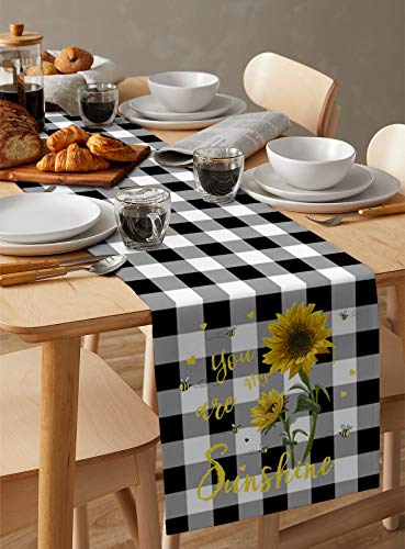 Cloud Dream Home Cotton Linen Table Runner Sunflower Bee Sunshine Dresser Scarves Table Setting Decor Black White Buffalo Check Plaid For Garden Wedding Parties Dinner Decoration - 13 X 90 Inches #TOP3