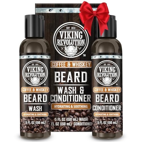 Viking Revolution Beard Wash and Beard Conditioner for Men with Argan Oil and Jojoba Oil- Beard Softener and Strengthener Beard Care Beard Shampoo and Conditioner with Ginseng Root(5oz,Coffee Whiskey)
