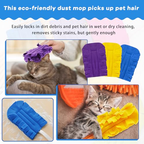 Image of Zubebe 3 Pcs Reusable Duster Refills Fleece,Yellow, Blue, Purple | Soft Polyester Fiber Flat Duster Refill Multi Surface Washable Cleaning Pad Tools for Home, Blinds, Car, Pet, Furniture, Fans