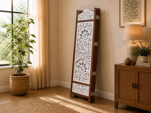 Image of Wooden Room Divider Decorative Foldable Privacy Screen Hand Carved Partition for Living Room Bedroom Office Decor (6 Feet 4 Panel Pearl White Each Panel Size 72X20 Inch)