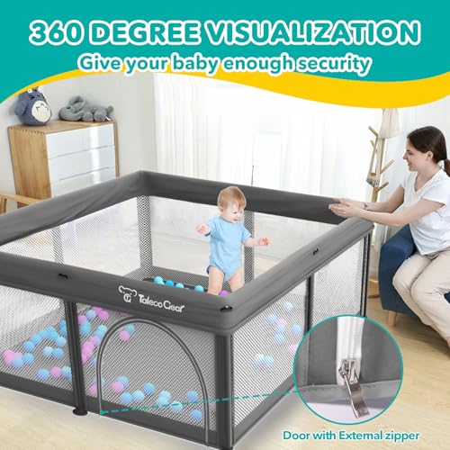 Image of Foldable Baby Playpen for Babies and Toddlers, 50x50 Inch Portable Play Yard, Collapsible Play Pen with Mat, Visible Mesh, 50 Ocean Balls, Indoor /Outdoor Baby Fence Activity Center for Home