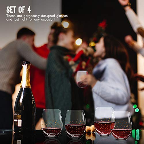 Wine Glass - Stemless Wine Glass Set Of 4 - Wine Glass Tumbler - 16Oz Red Wine Glass - Stemless Wine Glass With Gold Dot Design Goldosa Collection By Trinkware #TOP4