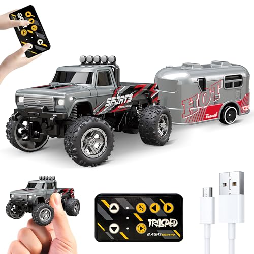 XANRONKJ Mini RC Monster Truck with Trailer, 1:64 Scale Alloy Rc Car (Grey)