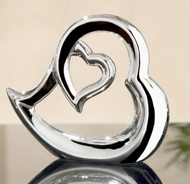 Gilde Coeur de décoration Sculpture Moderne au Coeur de céramique Blanc/Argent avec Structure 25x20 cm