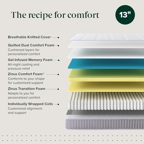 Zinus Cool Support 13 Inch Hybrid Mattress, Cooling Gel Memory Foam, Heavy Duty Individually Wrapped Coils, Soothing Pressure Relief, Medium Firm Feel, CertiPUR-US Certified, King
