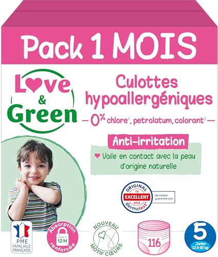 Love & Green - Love & Green - Couches Culottes (Pants) Saines et Ecologiques Taille 5 (12 à 18 kg) Pack 1 Mois (116 culottes) - Absorbante, anti-fuites et sans ingrédients indésirables