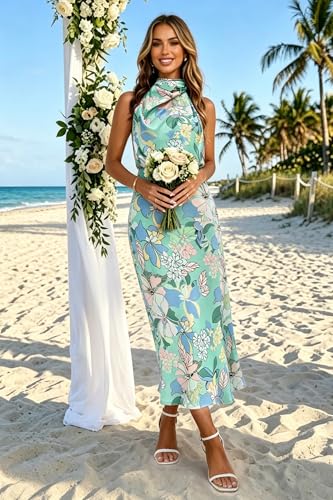 Image of Women's Satin Maxi Dress Summer Formal Wedding Guest Cocktail Dress | Mock Neck Sleeveless,Elegant Silk Midi Long Dress,High Neck,Halter,Aline,Bridesmaid,Bridal Shower Guest,Garden Party,Dinner
