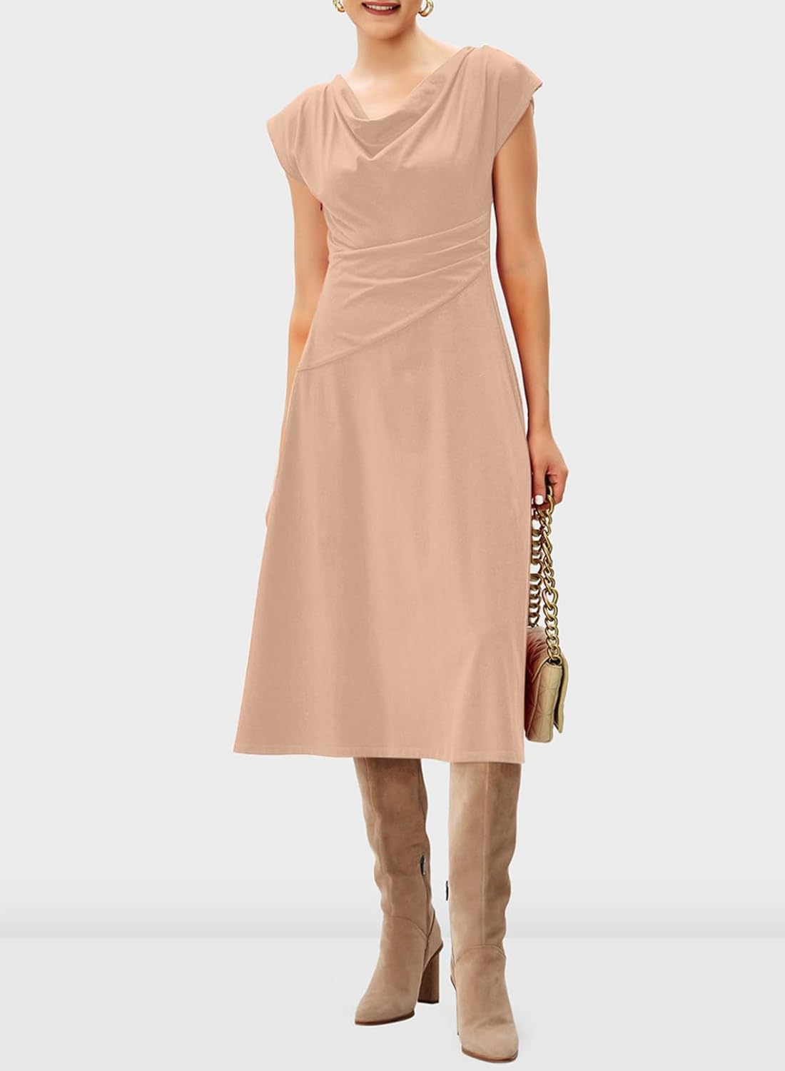 Happy Sailed Cocktail Dresses for Women Short Sleeve Ruched Waist Sexy Slim Fit A-Line Semi Formal Midi Wedding Guest Dress Khaki Medium - Image 2