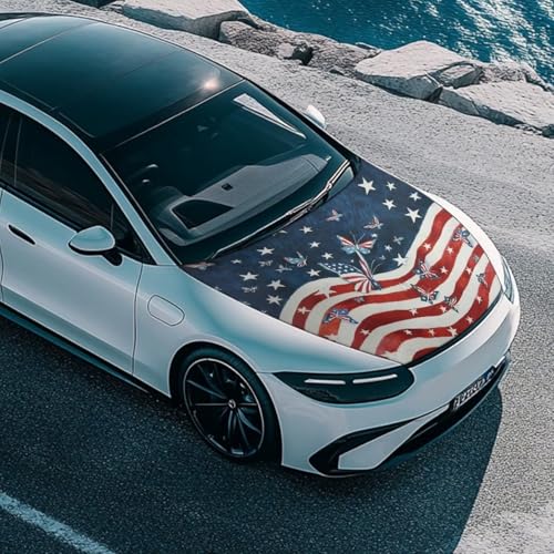 Image of Car Hood Cover Stretch Polyester Fabric Cover American Flag Butterfly Car Hood Covers Protector Easy Installation Removable Automotive Accessories Suitable for Cars