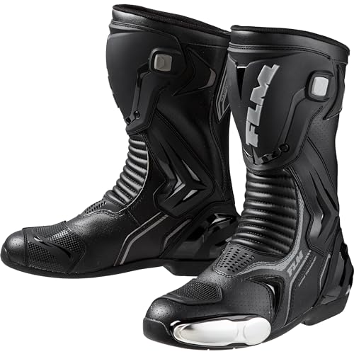 FLM Octane Motorradstiefel Lang - Atmungsaktiv - Hochschlagfeste Schienbeinplatte - Einstellbarer Klett - Gummisohle