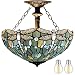 Tiffany Ceiling Fixture Lamp Semi Flush Mount 16 Inch Sea Blue Stained Glass Lampshade Crystal Bead Dragonfly Pendant Hanging 2 Light Fixture for Dinner Room Living Room Bedroom S147 WERFACTORY