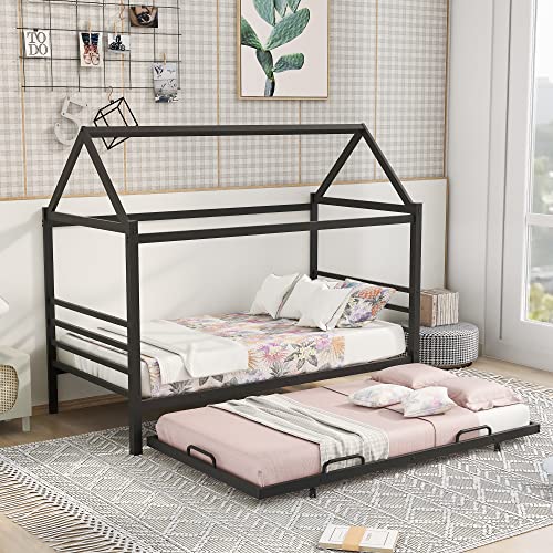 Merax Twin Metal House Bed With Trundle Cute Sofa Day Bed For Kids Boys Girls, Space-Saving, Easy Assemble,Black #TOP23