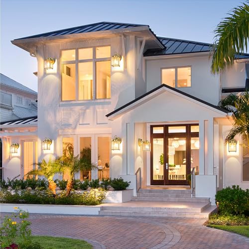 Image of MATAMEYE Dusk to Dawn Sensor Outdoor Wall Sconce, Exterior Waterproof Porch Wall Mount Lanterns, Gold Front Door Lights with Beveled Glass, 2 Pack