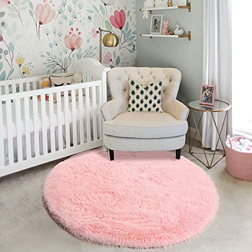 Amdrebio AREA RUG Pink Round Rug For Girls Bedroom,Fluffy Circle Rug 4'X4' For Kids Room,Furry Carpet For Teen Girls Room,Shaggy Circular Rug For Nursery Room,Fuzzy Plush Rug thumb #4
