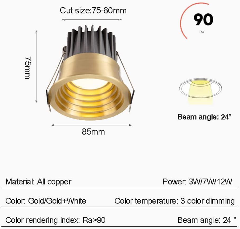 3 Inch Round Recessed Downlight,Baffle Trim,3 CCT Color Selectable, Dimmable Daylight Retrofit Downlight Deep Anti-Glare COB Spotlights Cutting Size: 75-80mm
