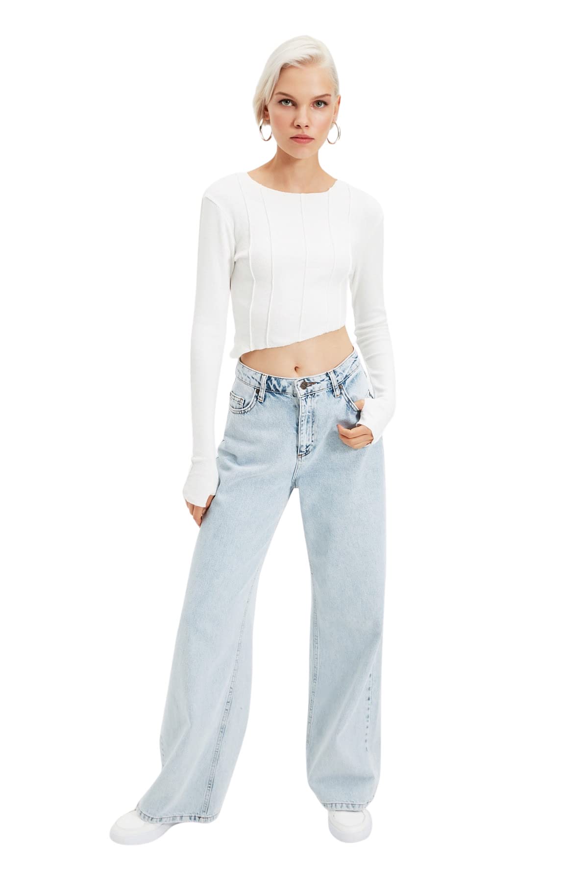 Trendyol Women Slim fit Asymmetrical Crew Neck Knitted Blouse Ecru