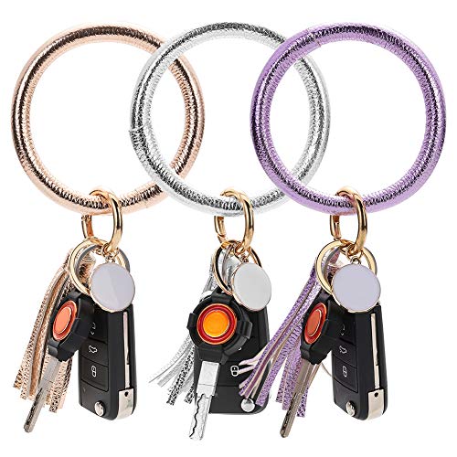 Preisvergleich Produktbild Artscope Armband Schlüsselbund Großer Kreis Lederarmband Leder / Silikon Armreif Schlüsselring Quaste Armband Schlüsselhalter für Damen Mädchen (Leder: 3 Stück - Helles Lila+Helles Silber+Rose Gold)