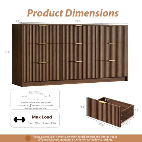 Image of MAISONARIA 9 Drawer Dresser for Bedroom, 63 inch Wide Modern Fluted Dresser with Gold Metal Handles, Chest of Drawers for Bedroom, Living Room, Entryway, Hallway, Walnut