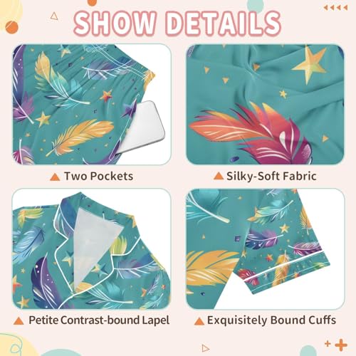 senya Colorful Feather Star Satin Summer Pajama Sets Silk Short Sleeve Button Down Sleepwear3