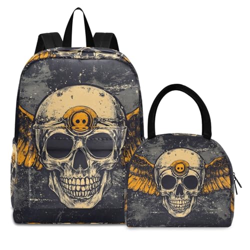 Backpack Lunch Bag Set Vintage Skull with Wings Print, Big Storage Travel Backpacks with Insulated Lunch Box for Office Hiking Picnic