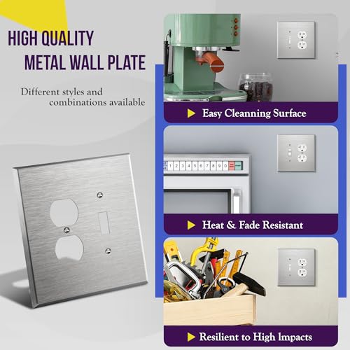 Image of ENERLITES Combination Toggle Light Switch or Duplex Receptacle Outlet Metal Wall Plate, Corrosion Resistant, Over Size 2-Gang 5.5 inch x 5.5 inch, 771121O, 430 Stainless Steel, UL Listed, Silver