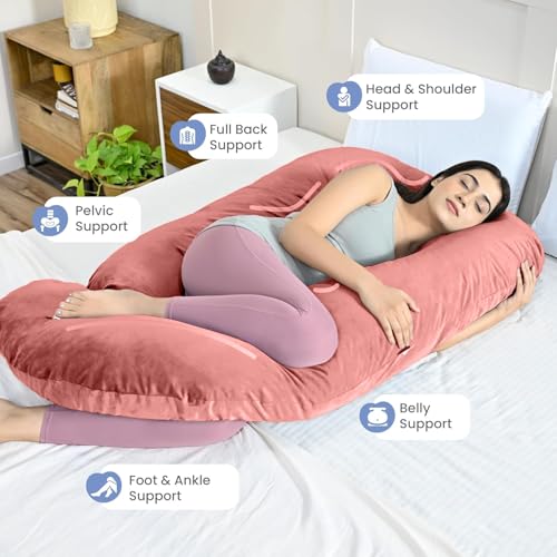 Image of G-Shaped Sleeping Pregnancy Pillow| Removable Velvet Covers| PregnoCare Fibres| Maternity, Nursing| Full Body Soft-Support Bump, Head, Back, Shoulder, Hips, Legs and Belly (Rose Gold)