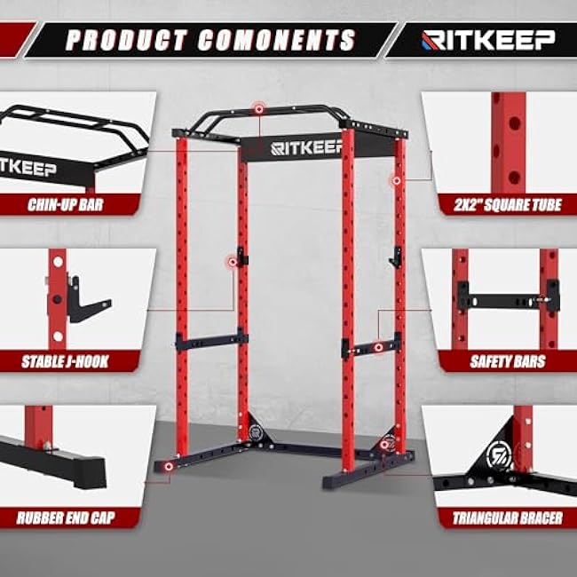 RitKeep Power Rack RMAX 2250 Multi-Function Power Cage for Strength Training - 1200lb Capacity Squat Rack with Multi-Grip Pull-Up Bar, Safety Bars, and J-Hook for Home Gym