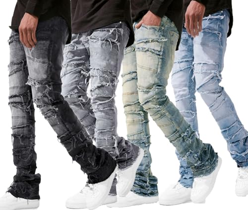 Jeans Pants Trouser Denim Straight Tube Street Trendy Piercing Hairy Wash Elastic Patch Personalized for Men4