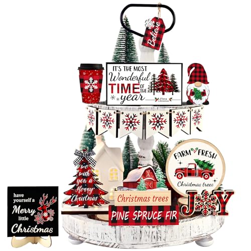 20 Pcs Christmas Tiered Tray Decor - Christmas Decorations Indoor Table Centerpieces Red and Black Buffalo Plaid Tray Decor with Snowflake, Xmas Tree, Gnome Wooden Signs for Home Shelf Decor