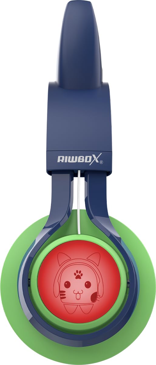 Riwbox CT-7S, cuffie Bluetooth per bambini, con orecchie di gatto, con luce LED, limitazione del volume di 85 dB, sovrauricolari con microfono per laptop/PC/TV (verde e blu navy)