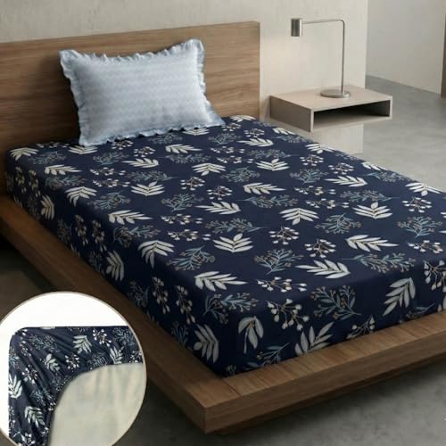 Image of Home Sizzler 210TC Midnight Navy Botanical Fern Elastic Fitted Single Bedsheet (72X36 Inch) with 1 Pillow Cover