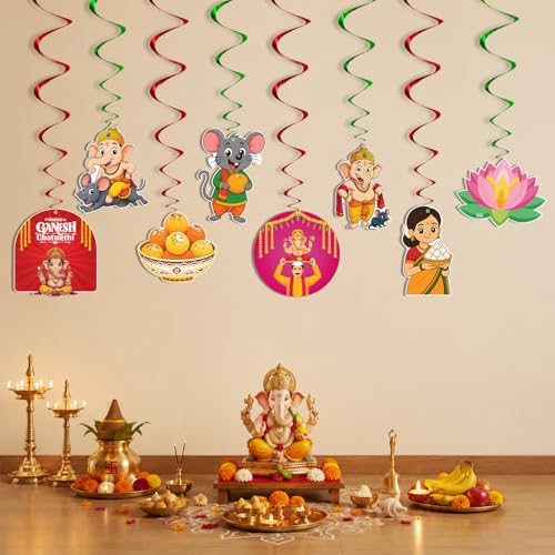 Image of Party Propz Ganapati Decoration Items for Home - 8 Pcs Ganpati Setup Hanging Swirls, Ganesh Chaturthi Decor, Ganesh Puja Festival Supplies, Home Ganpati Decor, Paper Hanging Decor