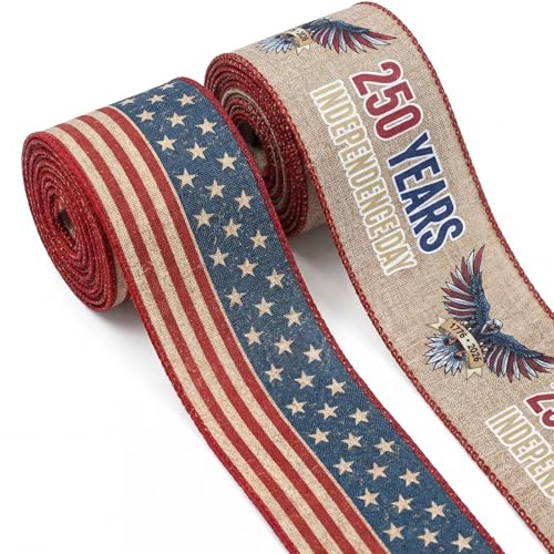Bllavie 2 Rolls USA 250th Anniversary Ribbons for Wreath Bows Gifts Red Blue Star Burlap Ribbons Patriotic Ribbon 4th of July Independence Day Ribbon Bow for Gift Wrapping DIY Crafts Wreath Decor