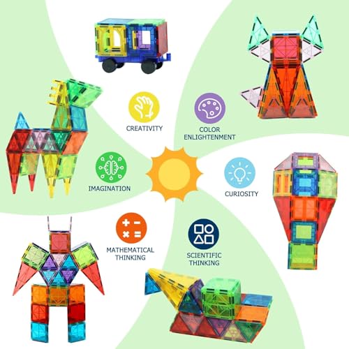 Image of ANVIE & ABEER Set of 80 Pcs Big (75mm) Magnetic Building Tiles for Kids, Educational Stacking Blocks for Boys Girls, Magnets Construction Toys, (Big Tiles Set of 80 PCS with 1 Car Chasis)