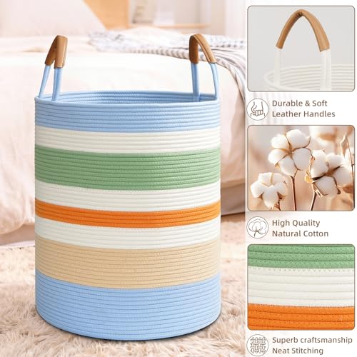 Image of Large Laundry Basket, Laundry Hamper with Leather Handles, 90L Woven Dirty Clothes Hamper, Rope Hampers for Bedroom, Barthroom, Rainbow